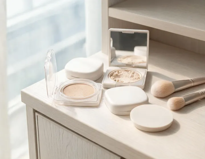 spf setting powder on a cosmetics bench, illustration only