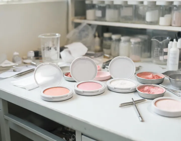 blush or setting powder first on a cosmetics bench, illustration only
