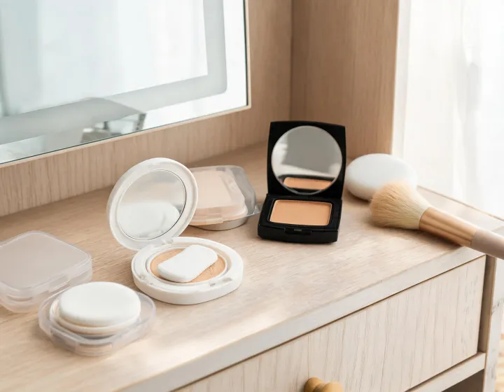 concealer setting powder on a cosmetics bench, illustration only