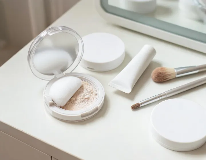 setting powder for concealer on a cosmetics bench, illustration only